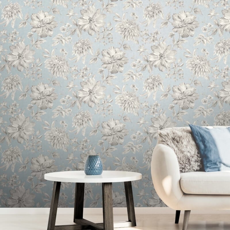 Lucia Floral Metallic Wallpaper - Blue/Grey - Crown - M1549 - Premier Wallcovering