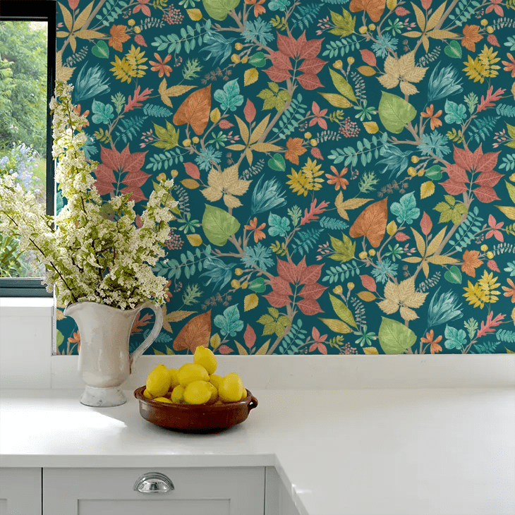 Lush Leaves Wallpaper - Teal & Corn - Ohpopsi - RON50120W - Premier Wallcovering