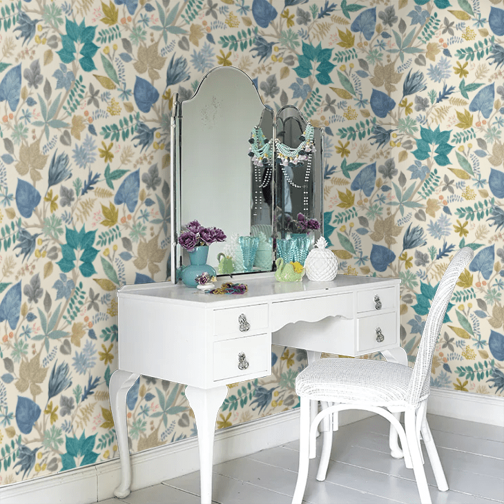 Lush Leaves Wallpaper - Denim & Stone - Ohpopsi - RON50119W - Premier Wallcovering