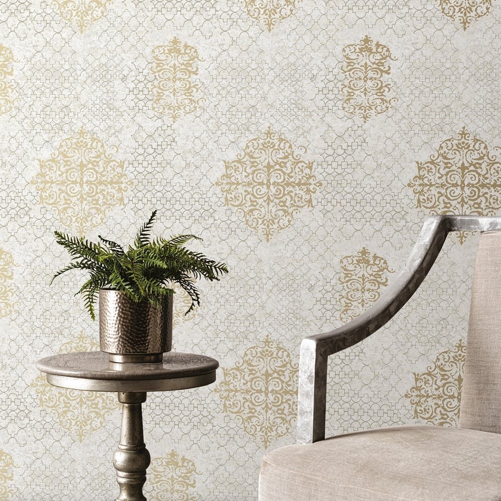 Lustre Damask Mottled Wallpaper - Cream / Gold - Galerie - CM2485 - Premier Wallcovering