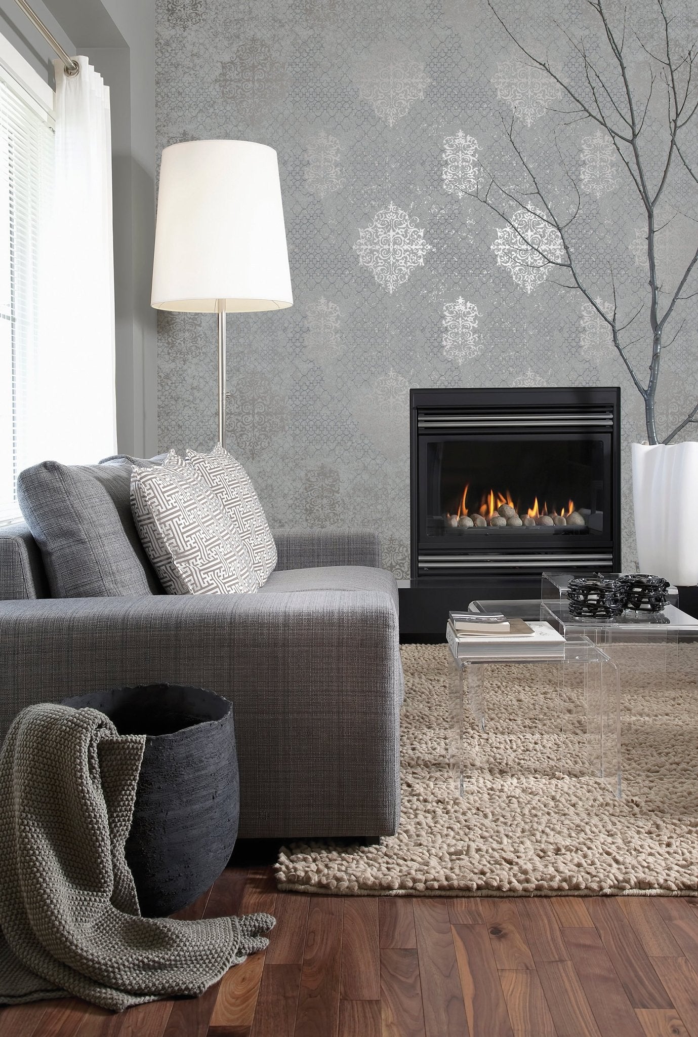 Lustre Damask Mottled Wallpaper - Silver Grey - Galerie - CM2483 - Premier Wallcovering