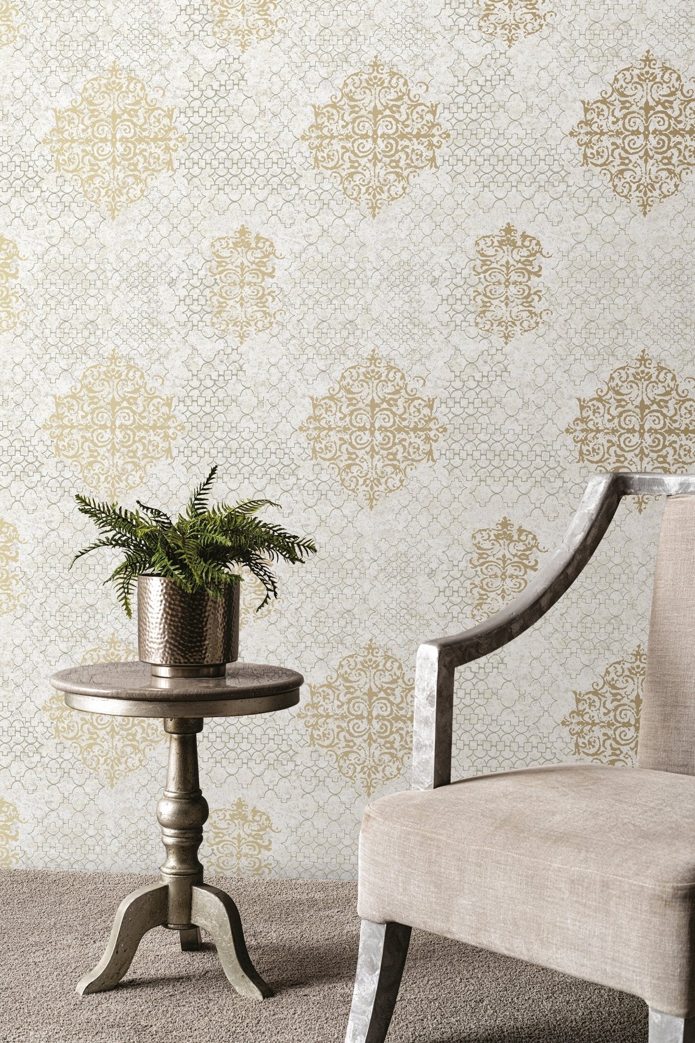 Lustre Damask Mottled Wallpaper - Cream / Gold - Galerie - CM2485 - Premier Wallcovering