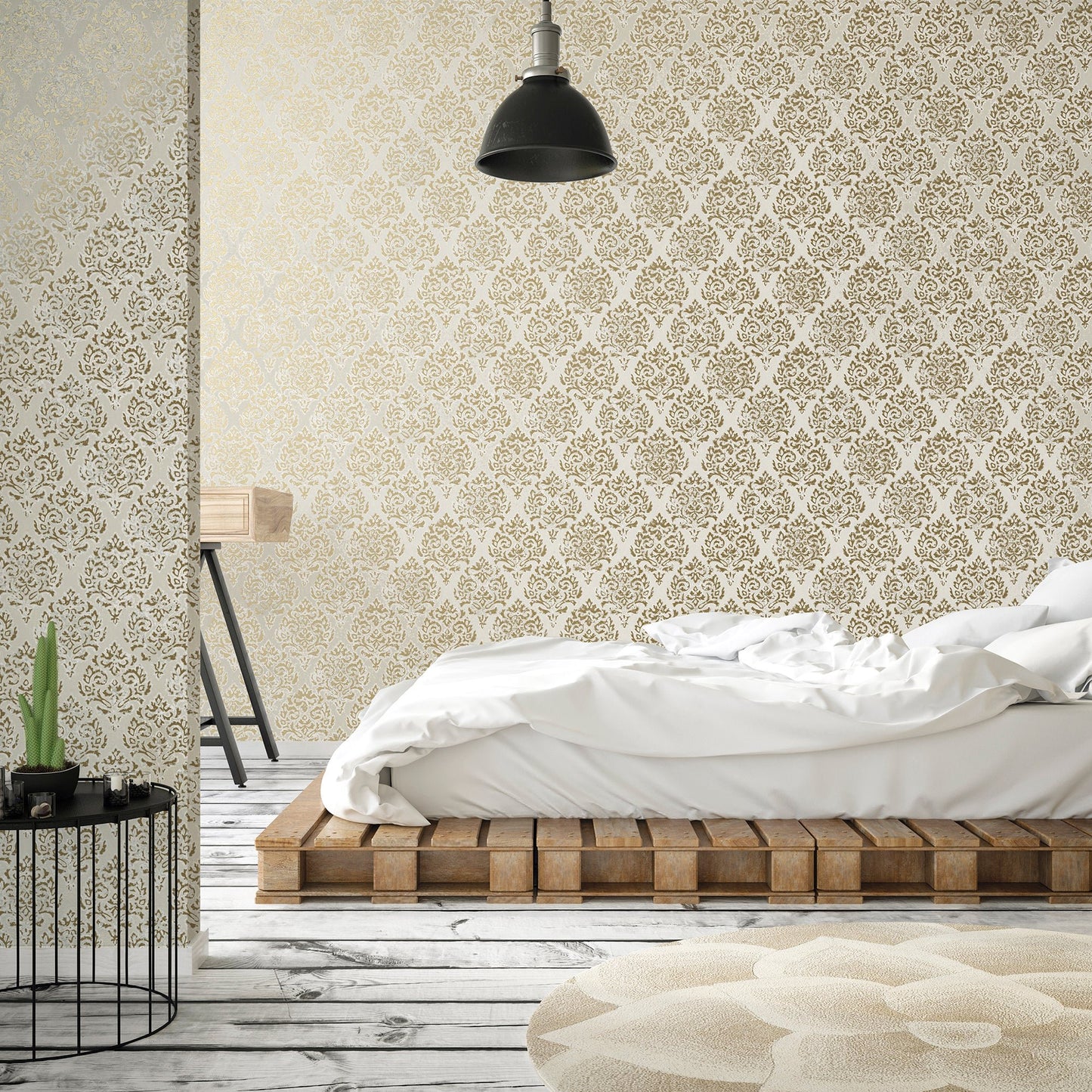 Lustre Modern Damask Wallpaper - Pale Gold - Galerie - MT2020 - Premier Wallcovering