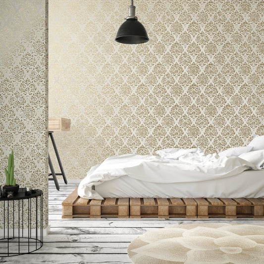 Lustre Modern Damask Wallpaper - Pale Gold - Galerie - MT2020 - Premier Wallcovering