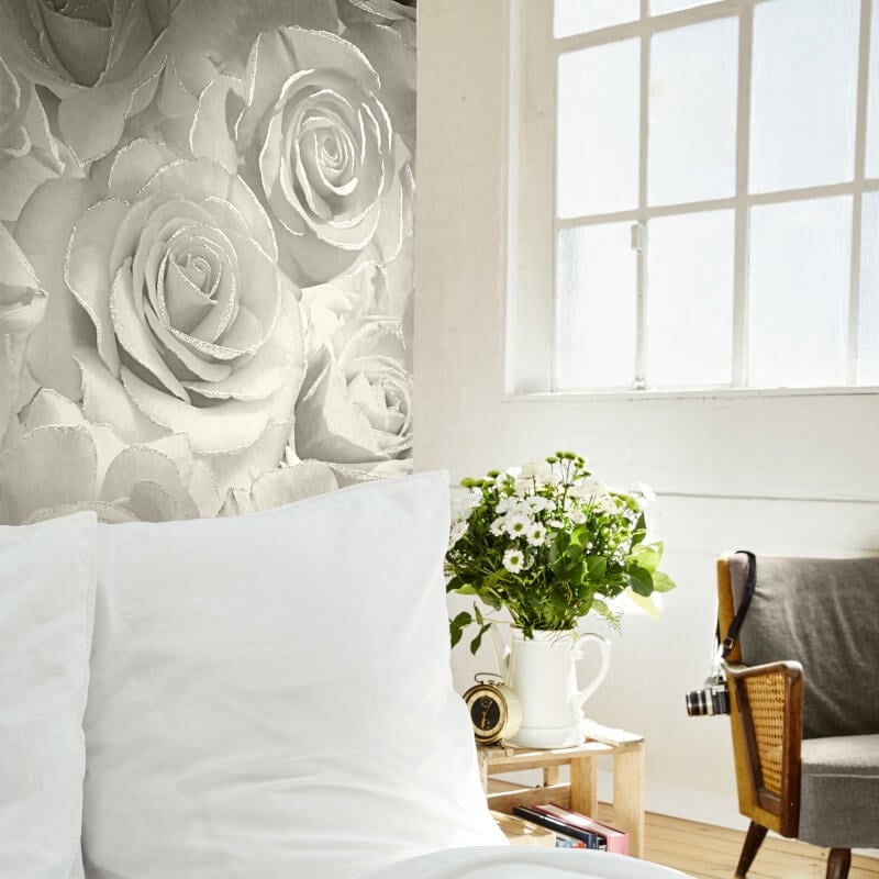 Madison Rose Floral Glitter Wallpaper - Pearl - Muriva - 139524 - Premier Wallcovering