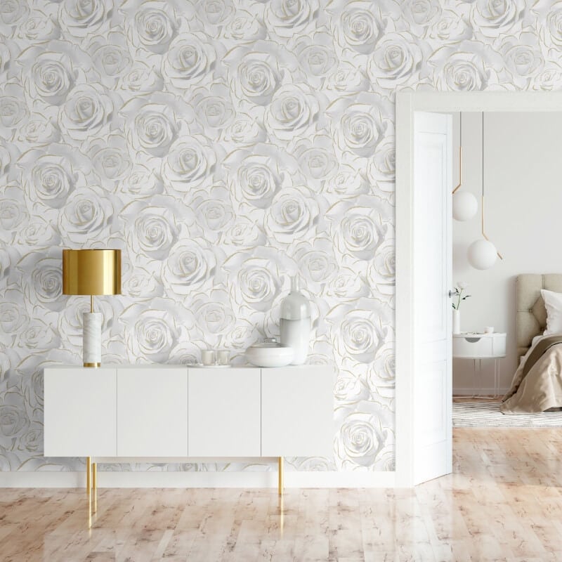 Madison Rose Floral Glitter Wallpaper - White - Muriva - 139525 - Premier Wallcovering