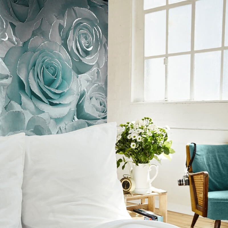 Madison Rose Floral Glitter Wallpaper - Aqua - Muriva - 139523 - Premier Wallcovering