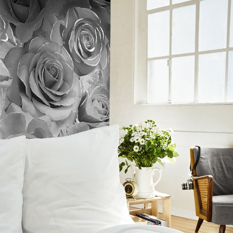 Madison Rose Floral Glitter Wallpaper - Silver - Muriva - 139520 - Premier Wallcovering