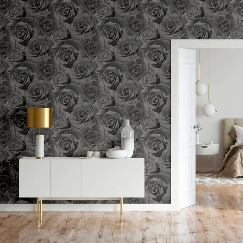 Madison Rose Floral Glitter Wallpaper - Black - Muriva - 139526 - Premier Wallcovering