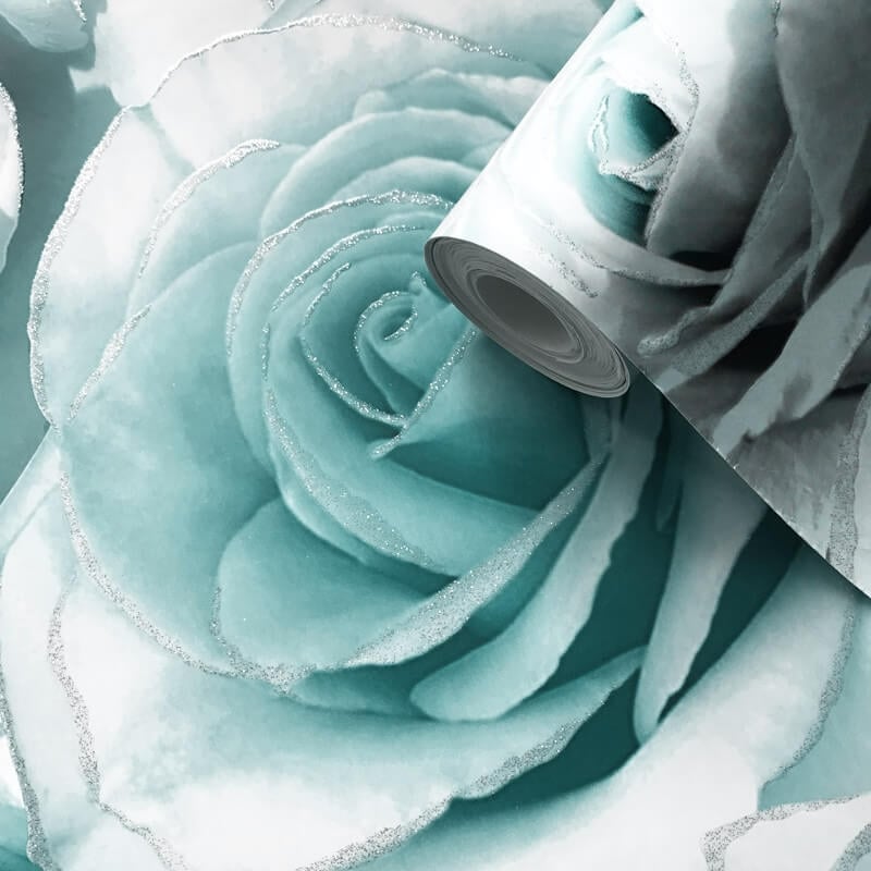 Madison Rose Floral Glitter Wallpaper - Aqua - Muriva - 139523 - Premier Wallcovering