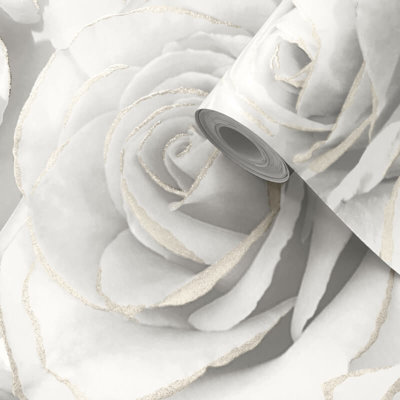 Madison Rose Floral Glitter Wallpaper - White - Muriva - 139525 - Premier Wallcovering