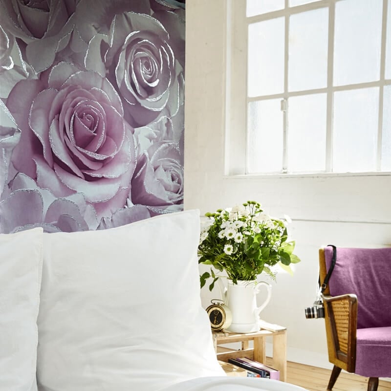 Madison Rose Floral Glitter Wallpaper - Amethyst - Muriva - 139522 - Premier Wallcovering