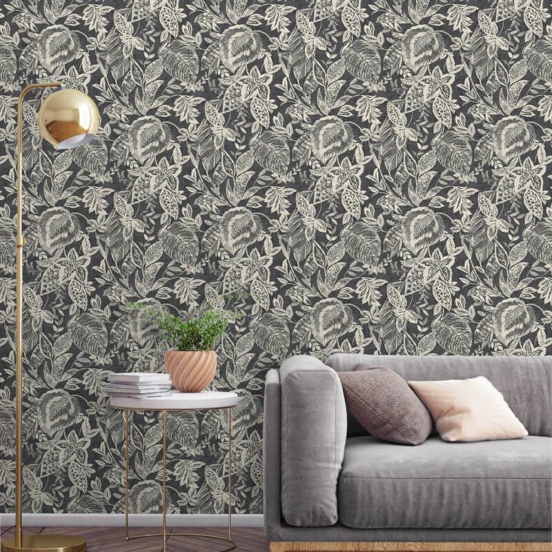 Mae Wild Leaves Wallpaper - Charcoal/Grey - Grandeco - 171803 - Premier Wallcovering