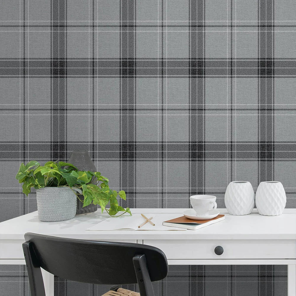 Manorvale Plaid Wallpaper - Greyscale - NextWall - NW58010 - Premier Wallcovering