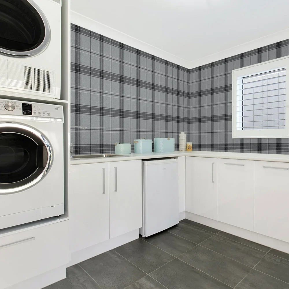 Manorvale Plaid Wallpaper - Greyscale - NextWall - NW58010 - Premier Wallcovering