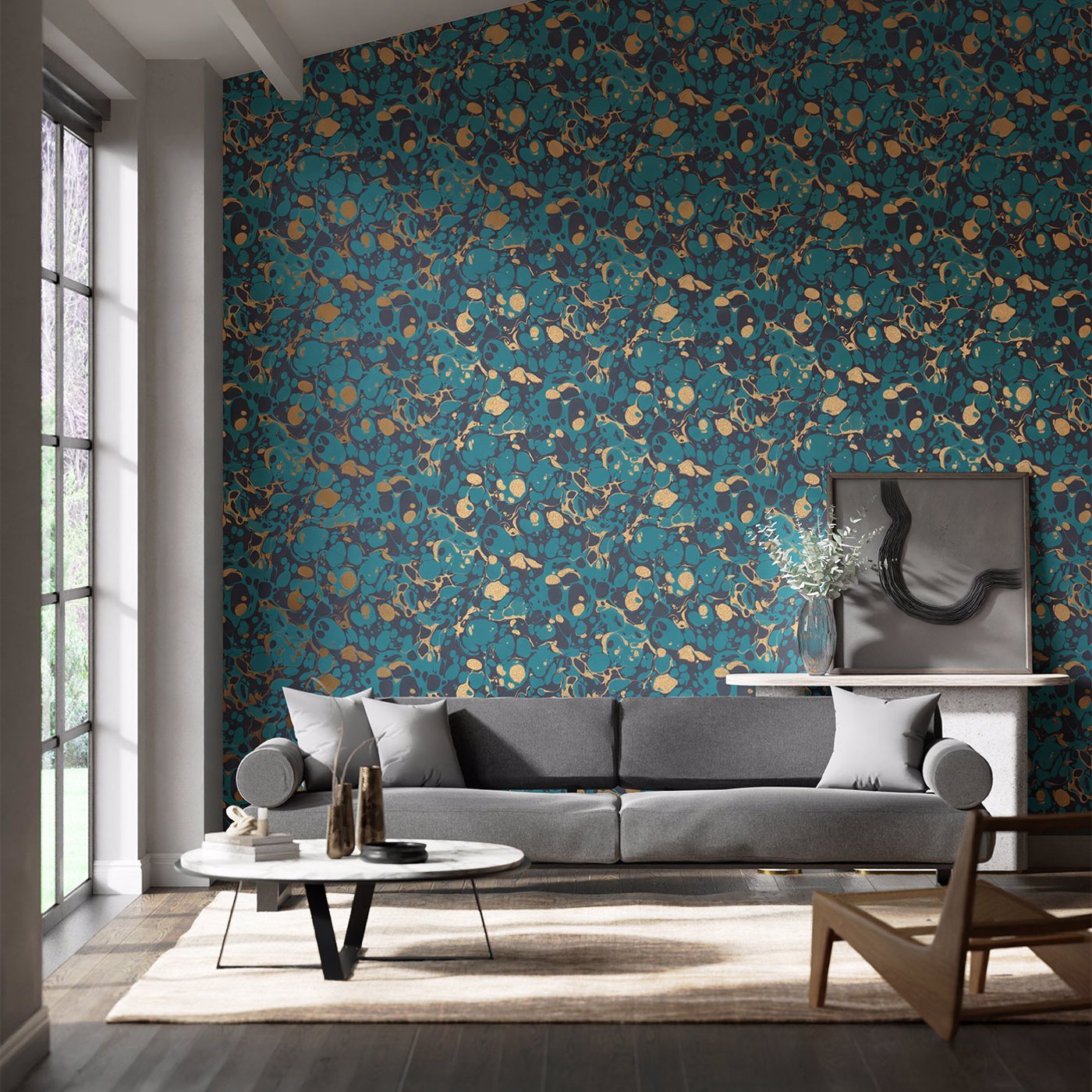 Marble Wallpaper - Azurite/ Copper/Japanese Ink - Harlequin - HQN2112837 - Premier Wallcovering