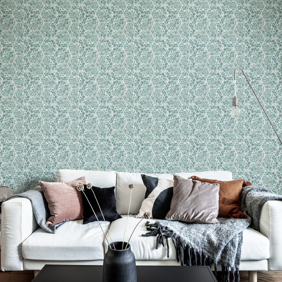Marbled Hexagon Tiles Wallpaper - Green - Rebel Walls - R18559 - Premier Wallcovering