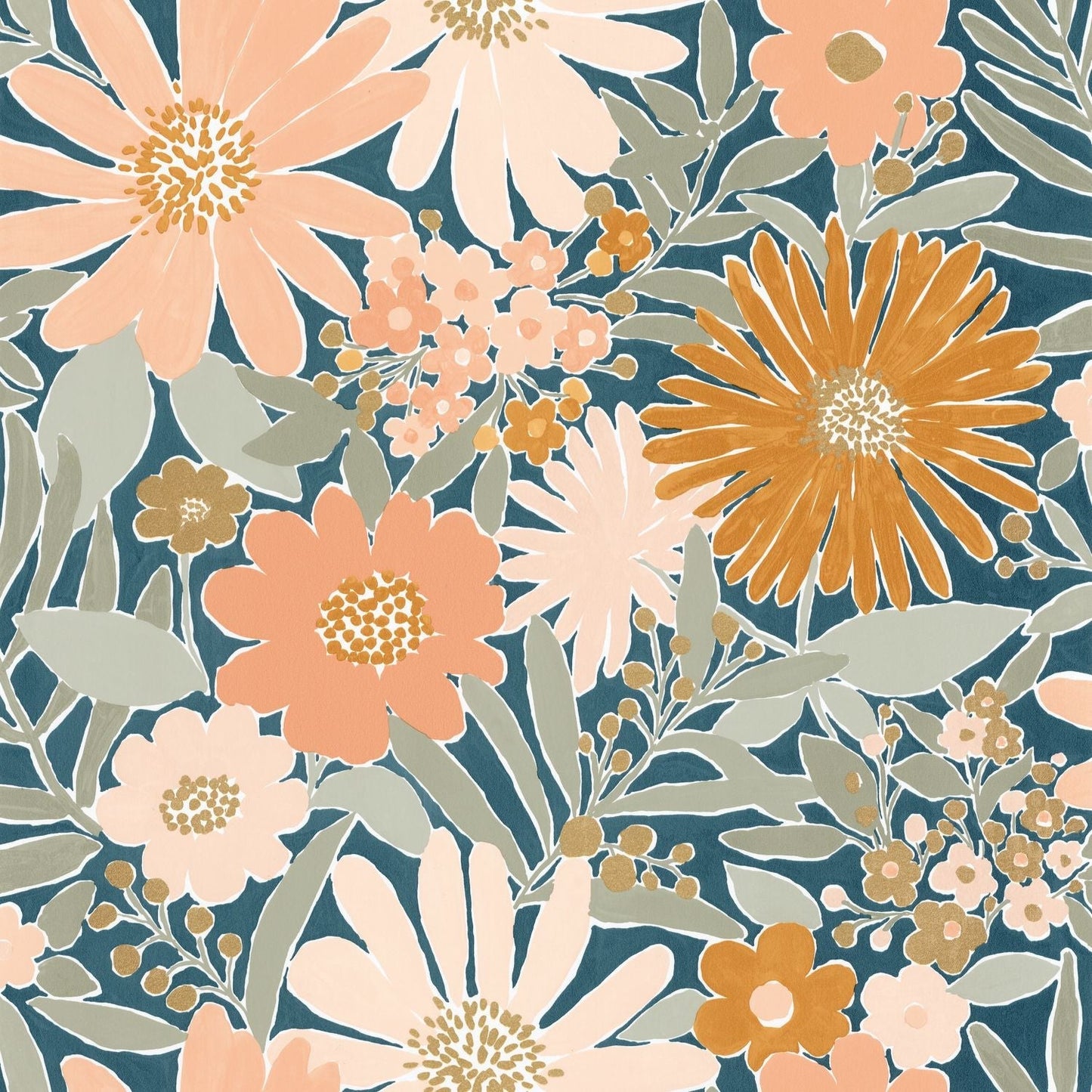 Marguerite Wallpaper - Bleu Nuit Rose - Caselio - 104436498 - Premier Wallcovering
