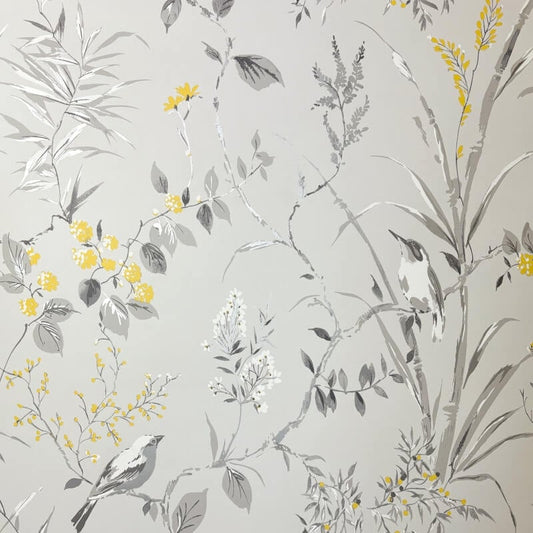 Mariko Floral Treebird Metallic Wallpaper - Grey/Yellow - Crown - M1551 - Premier Wallcovering