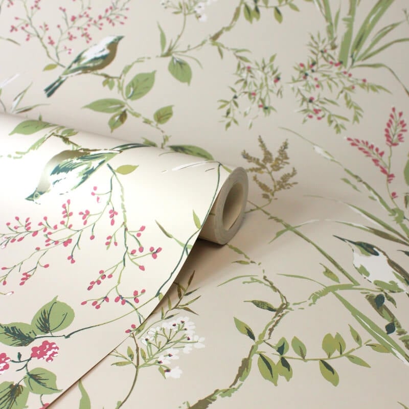 Mariko Floral Treebird Metallic Wallpaper - Natural - Crown - M1855 - Premier Wallcovering