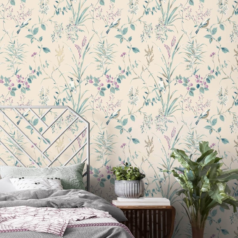 Mariko Floral Treebird Metallic Wallpaper - Teal/Plum - Crown - M1554 - Premier Wallcovering