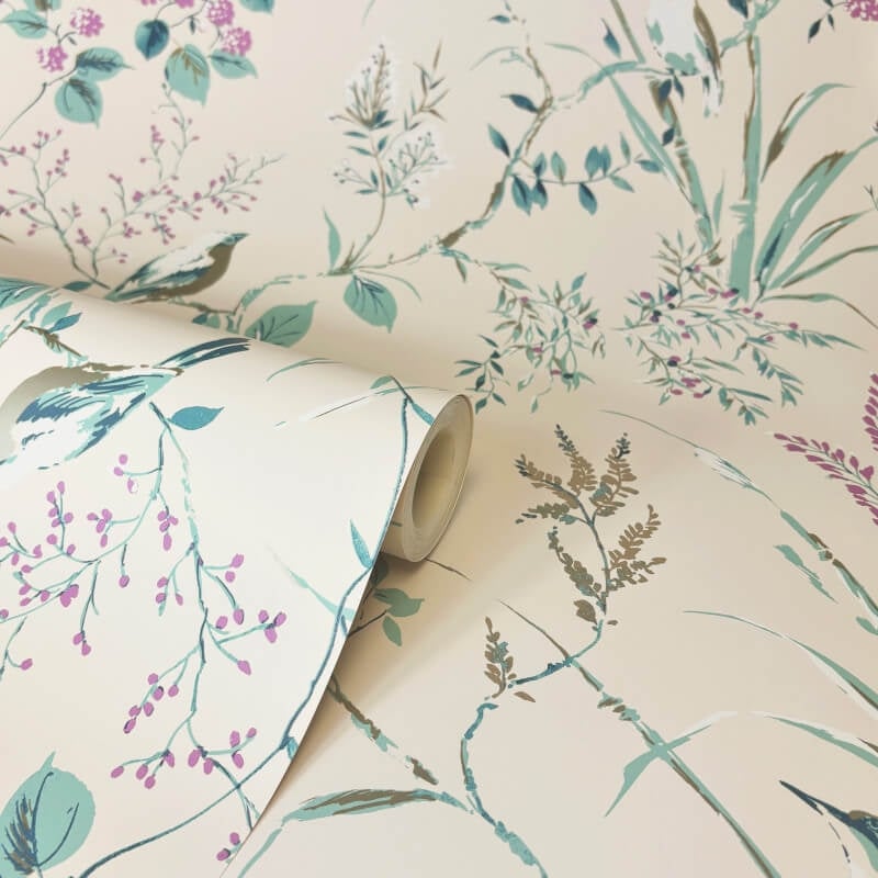 Mariko Floral Treebird Metallic Wallpaper - Teal/Plum - Crown - M1554 - Premier Wallcovering