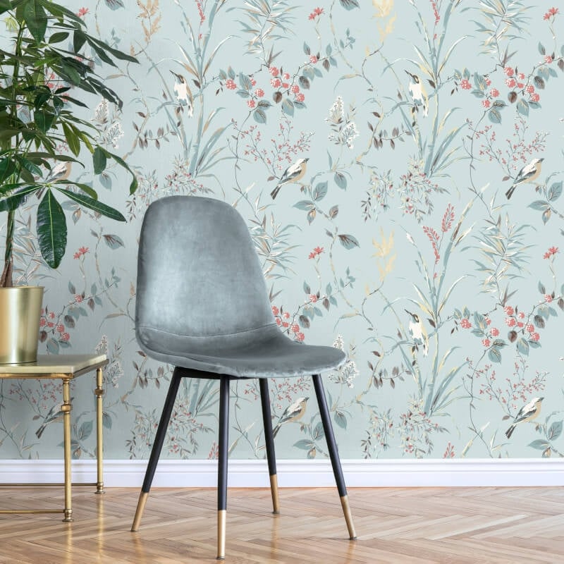 Mariko Floral Treebird Metallic Wallpaper - Blue - Crown - M1856 - Premier Wallcovering