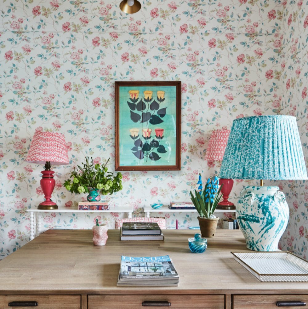 Marlow Wallpaper - Turquoise /Pink On White - Blithfield - 980-01 - Premier Wallcovering