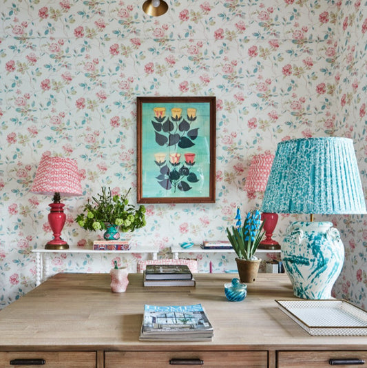 Marlow Wallpaper - Turquoise /Pink On White - Blithfield - 980-01 - Premier Wallcovering