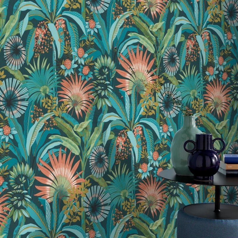 Martinique Tropical Wallpaper - Teal Multi - Erismann - 10390 - 19 - Premier Wallcovering