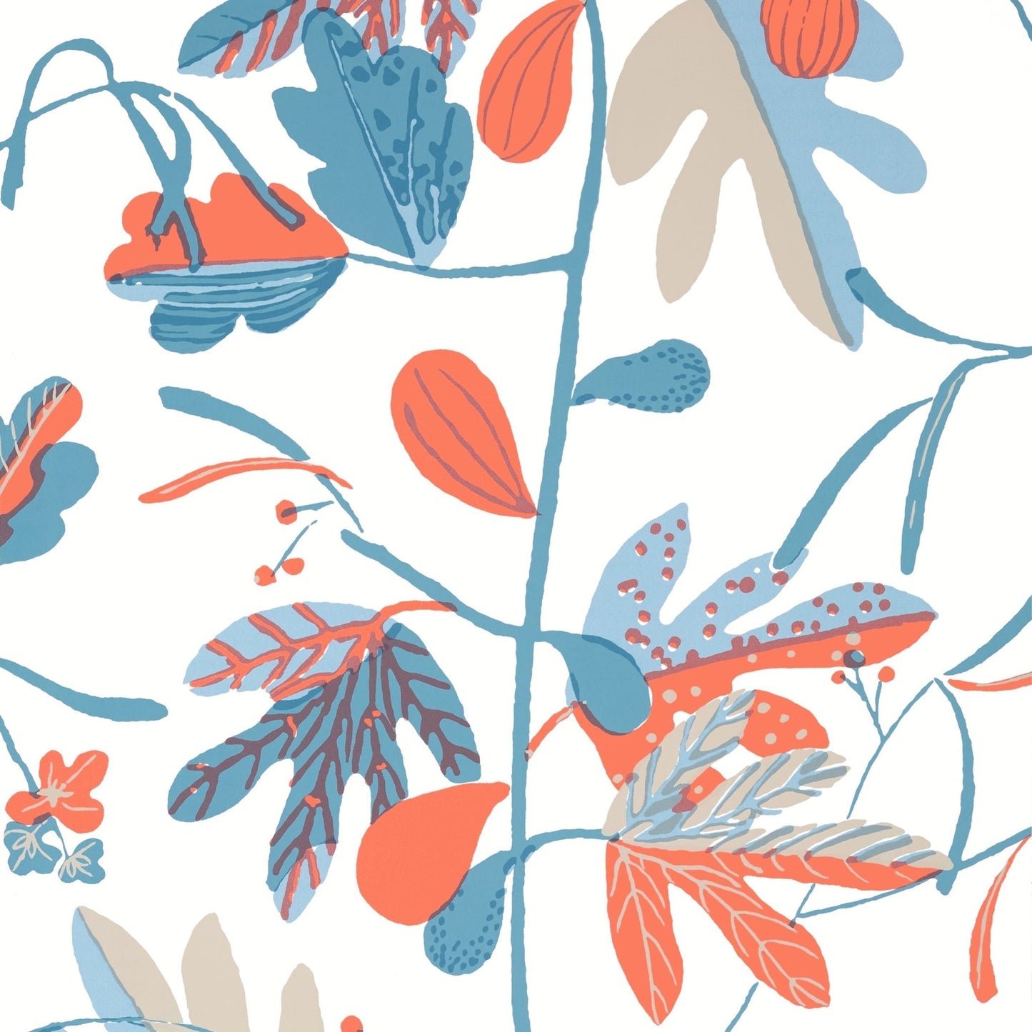 Matisse Leaf Wallpaper - French Blue & Coral - Thibaut - T16207 - Premier Wallcovering