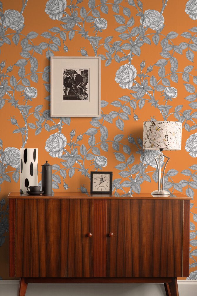 McGegan Rose Wallpaper - Greys on Orange - Timorous Beasties - HS/MCG/SMM/04 - Premier Wallcovering
