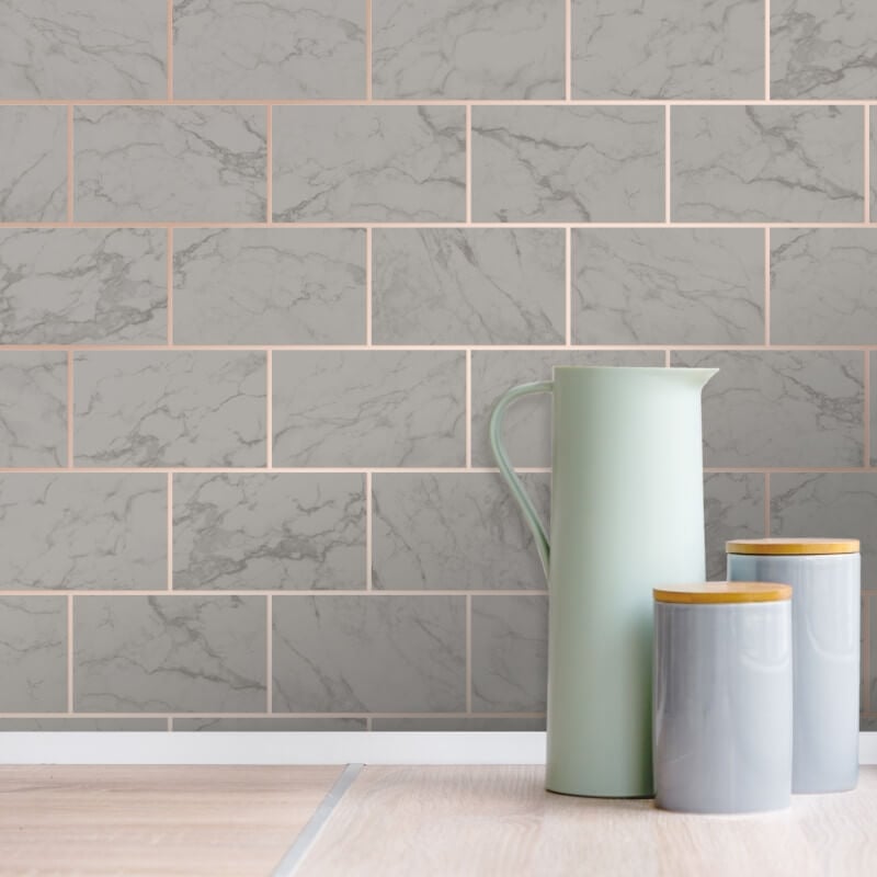 Metro Brick Marble Effect Metallic Wallpaper - Charcoal - Crown - M1511 - Premier Wallcovering