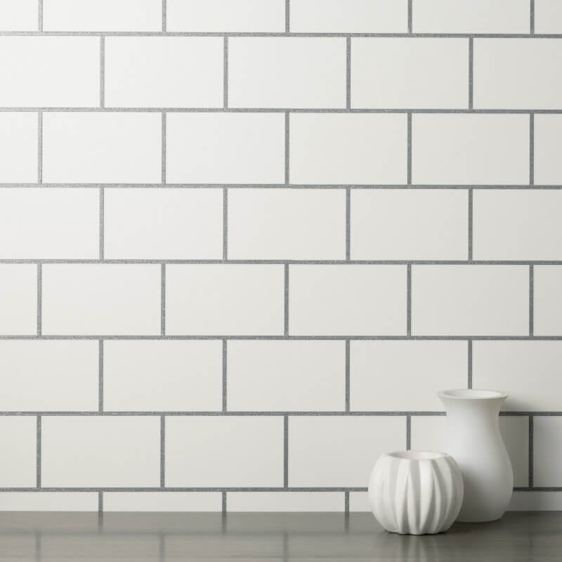 Metro Tile Metallic Wallpaper - White/Silver - Crown - M1634 - Premier Wallcovering