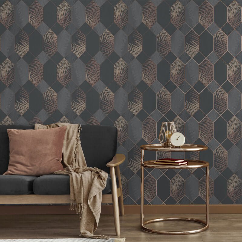 Miami Geo Metallic Wallpaper - Charcoal/Copper - Fine Décor - FD42833 - Premier Wallcovering