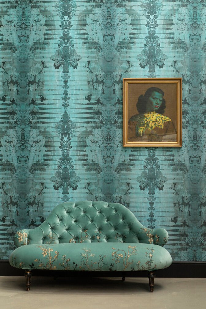 Moire Damask Foil Wallpaper - Gunmetal Blue - Timorous Beasties - FOIL/MDAM/BLU/03 - Premier Wallcovering