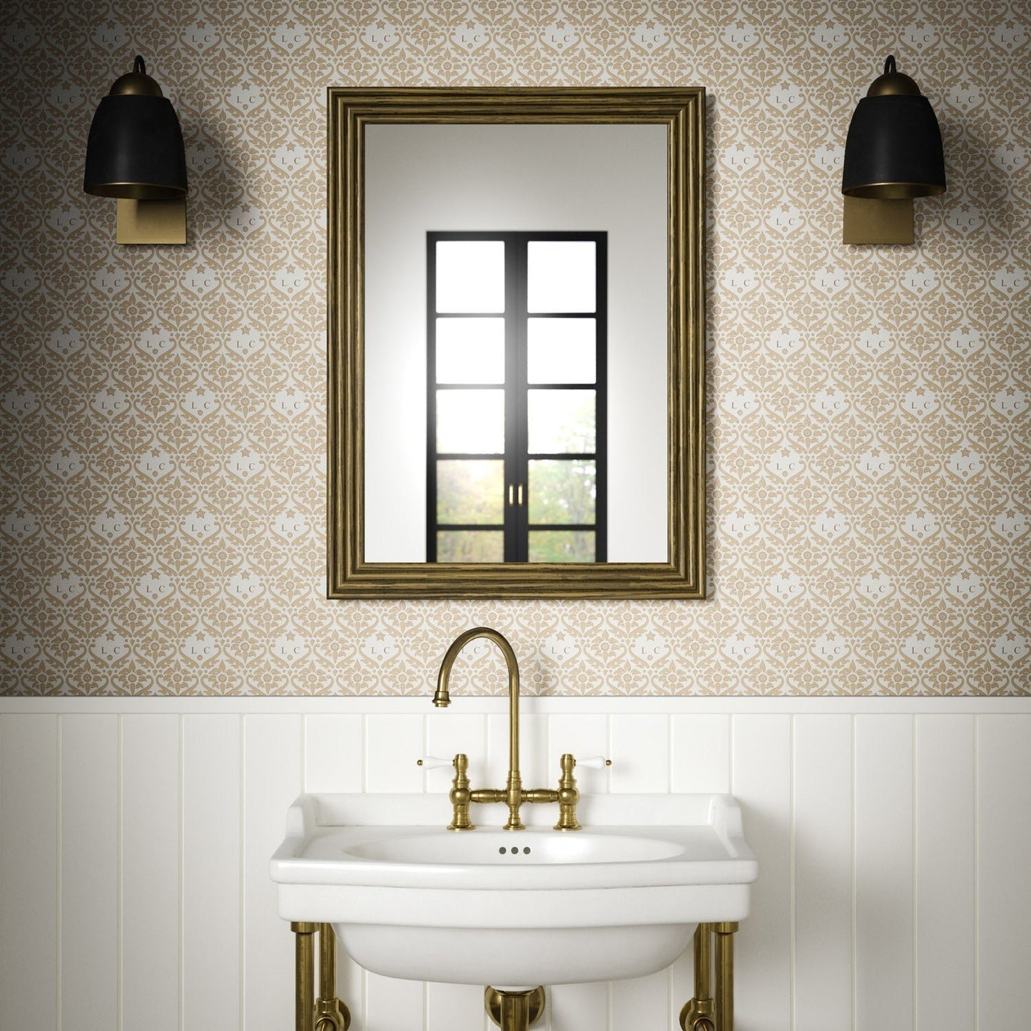 Monogram Damask Wallpaper - Natural - Warner House - Premier Wallcovering