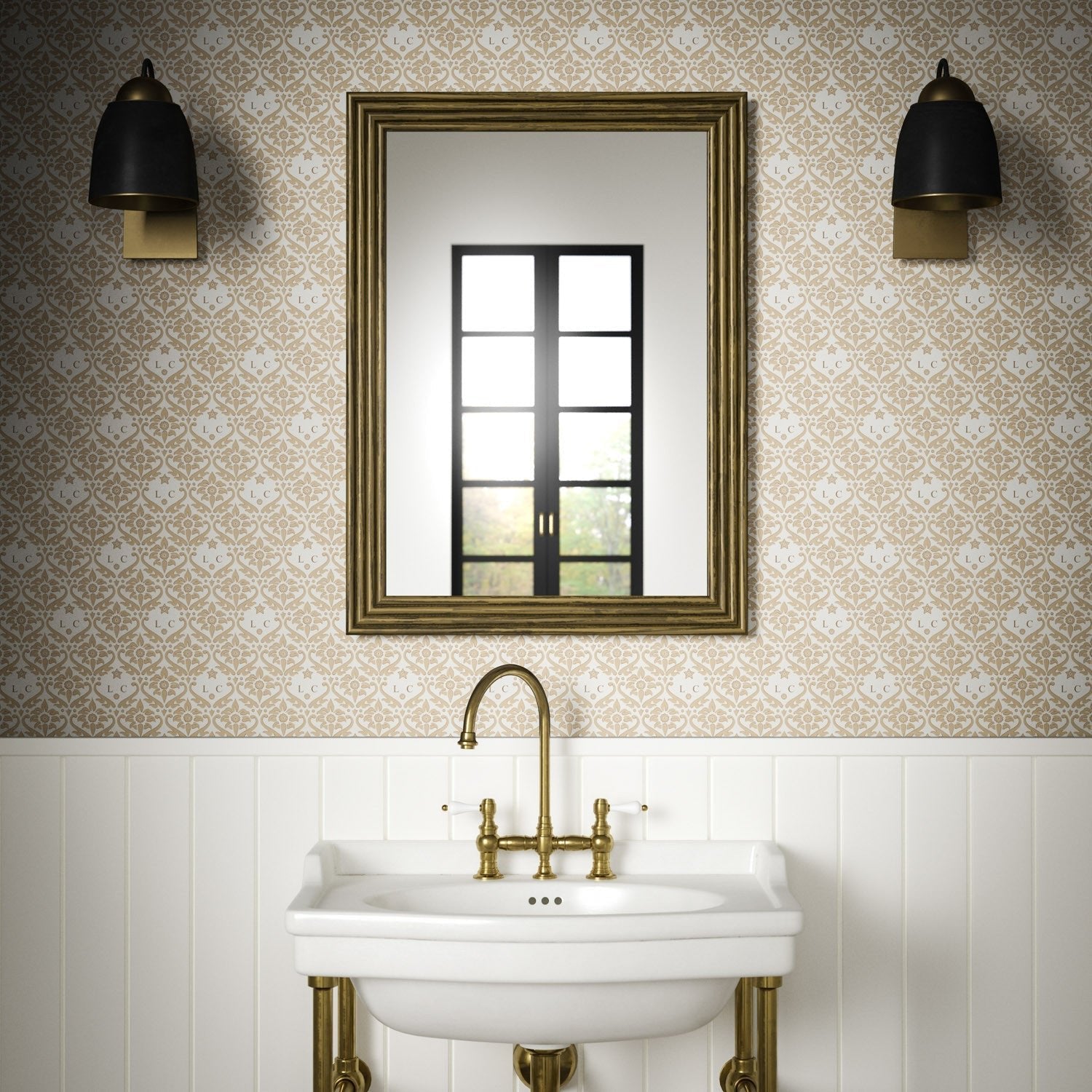 Monogram Damask Wallpaper - Natural - Warner House - Premier Wallcovering