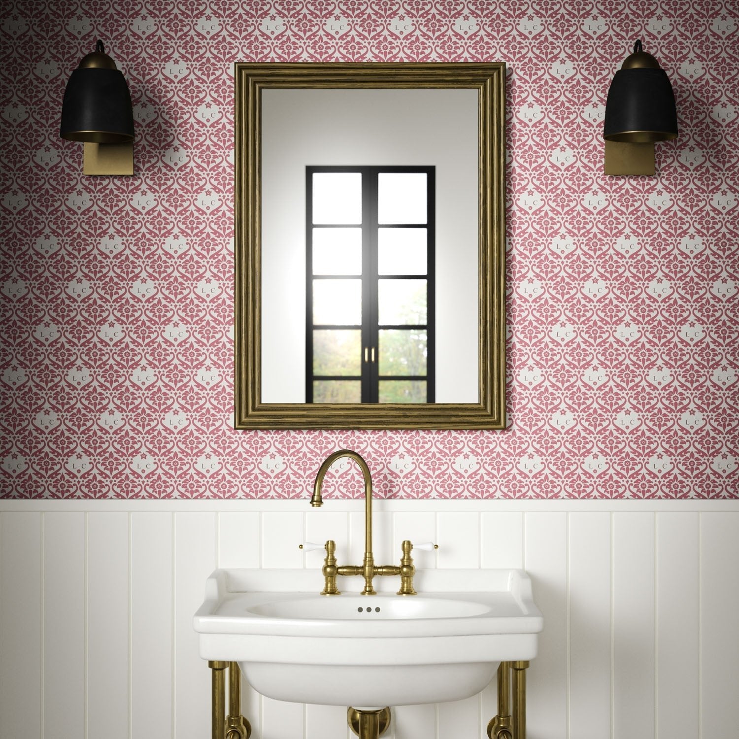 Monogram Damask Wallpaper - Raspberry - Warner House - Premier Wallcovering