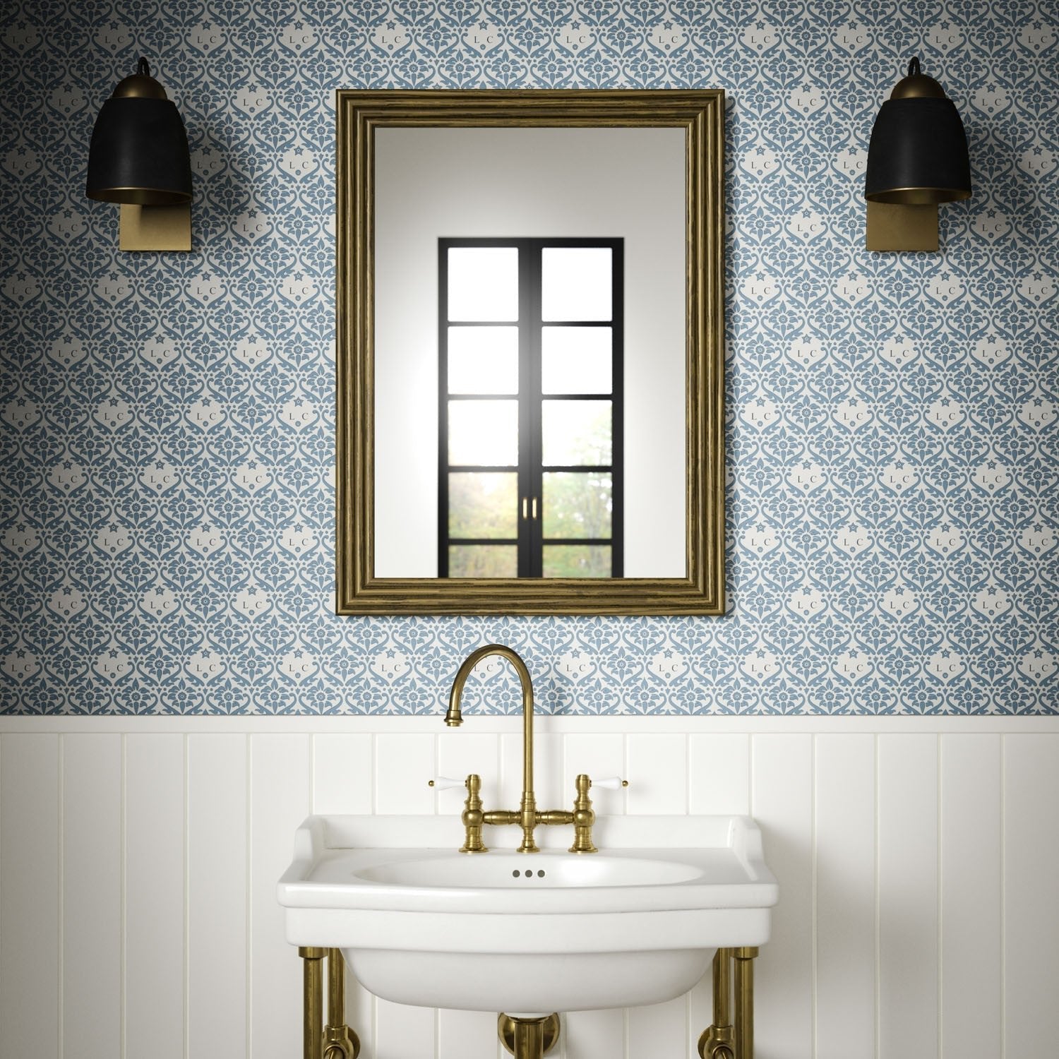 Monogram Damask Wallpaper - Blue - Warner House - Premier Wallcovering