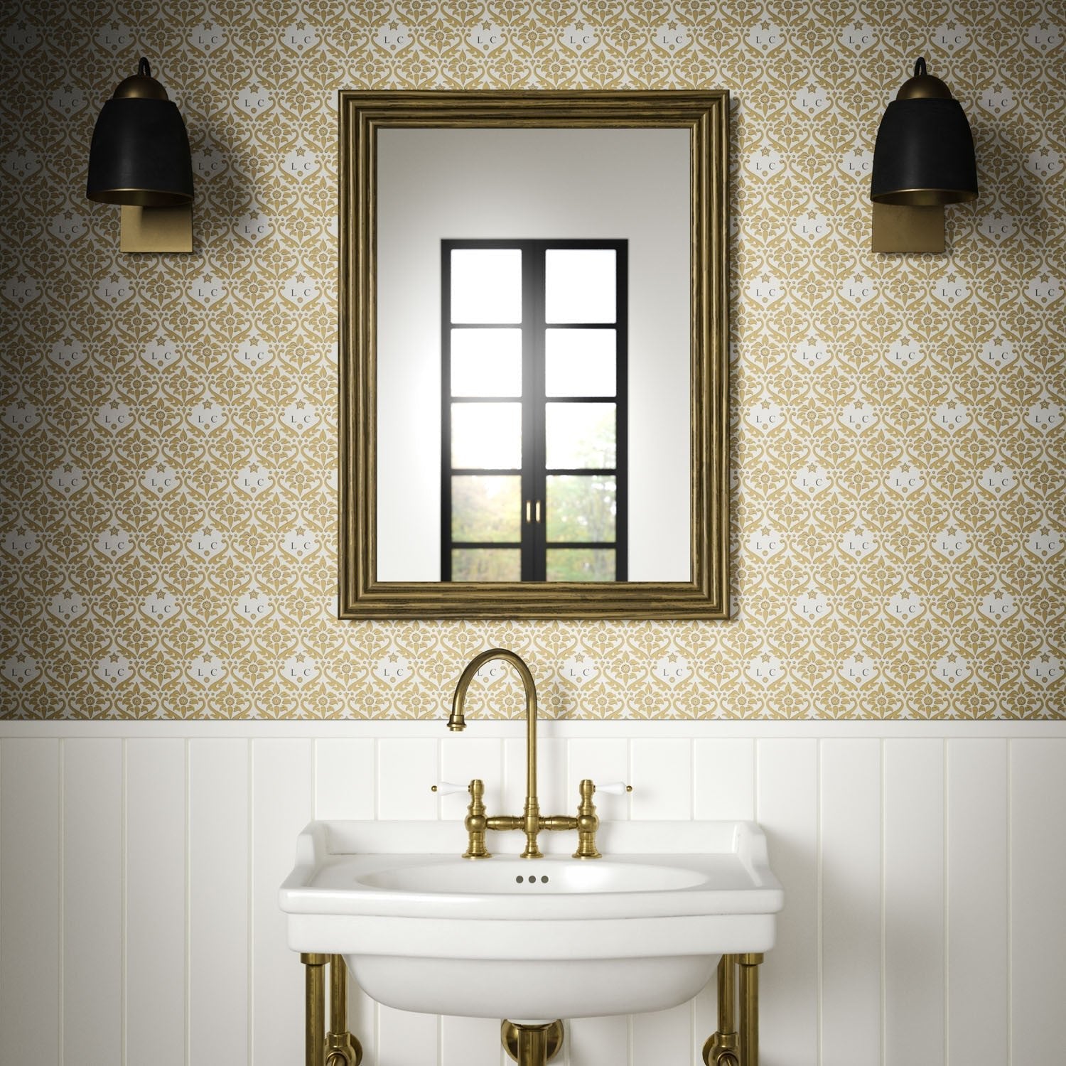 Monogram Damask Wallpaper - Gold - Warner House - Premier Wallcovering