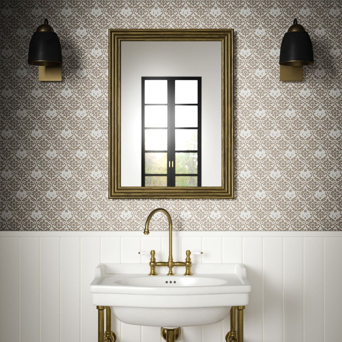 Monogram Damask Wallpaper - Taupe - Warner House - Premier Wallcovering
