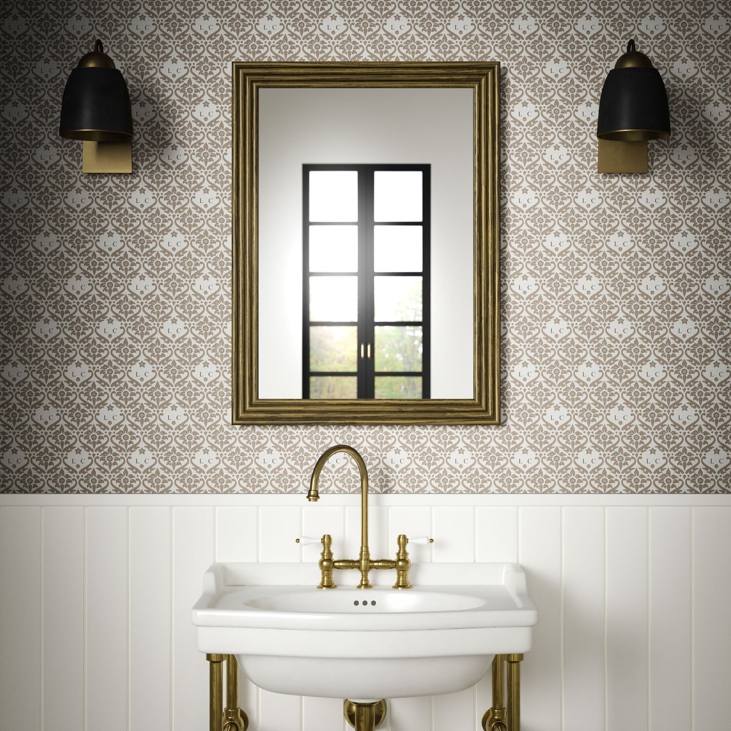 Monogram Damask Wallpaper - Taupe - Warner House - Premier Wallcovering
