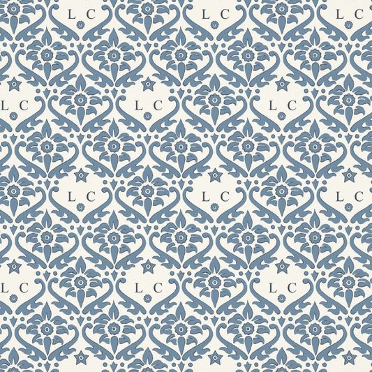 Monogram Damask Wallpaper - Blue - Warner House - Premier Wallcovering