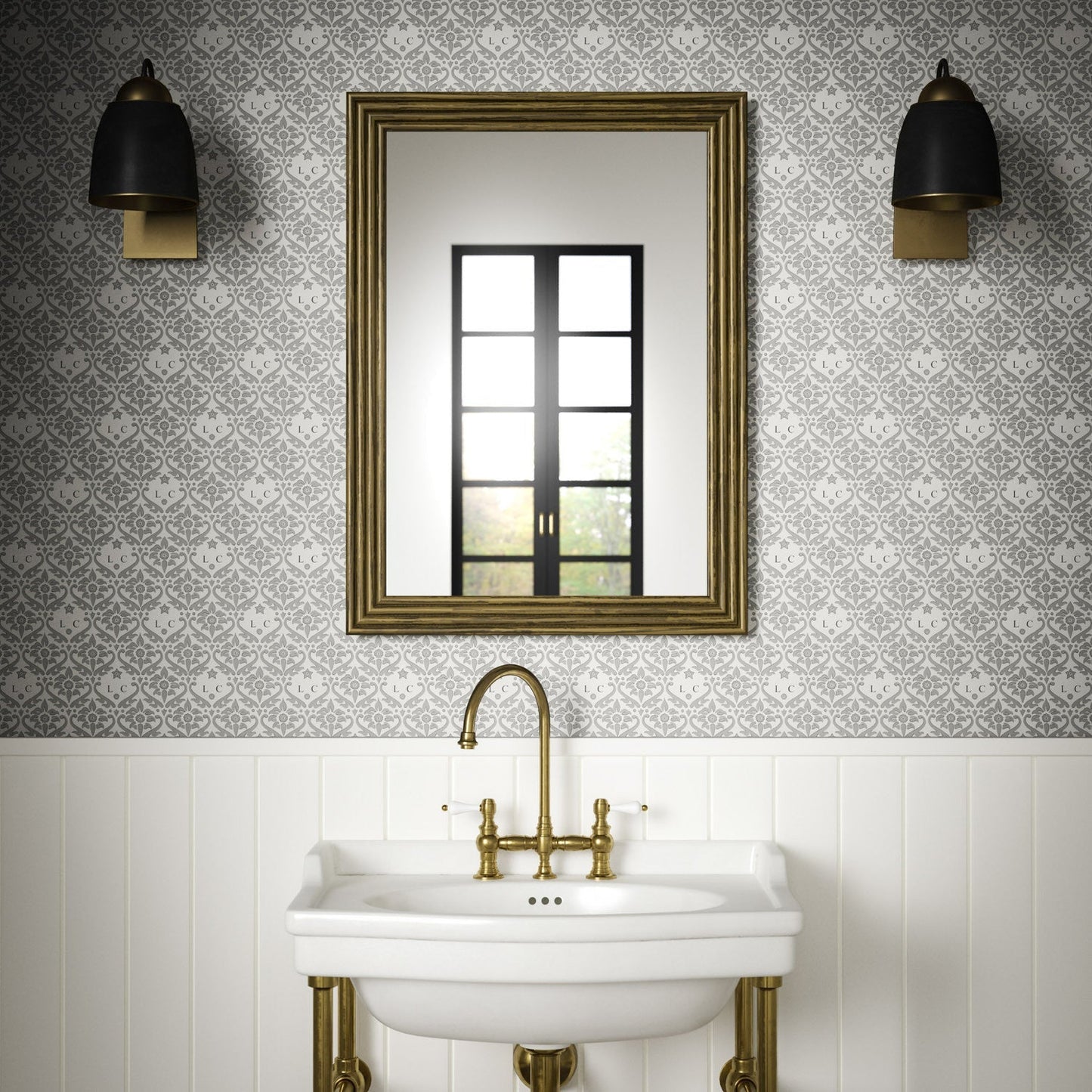Monogram Damask Wallpaper - Charcoal - Warner House - Premier Wallcovering
