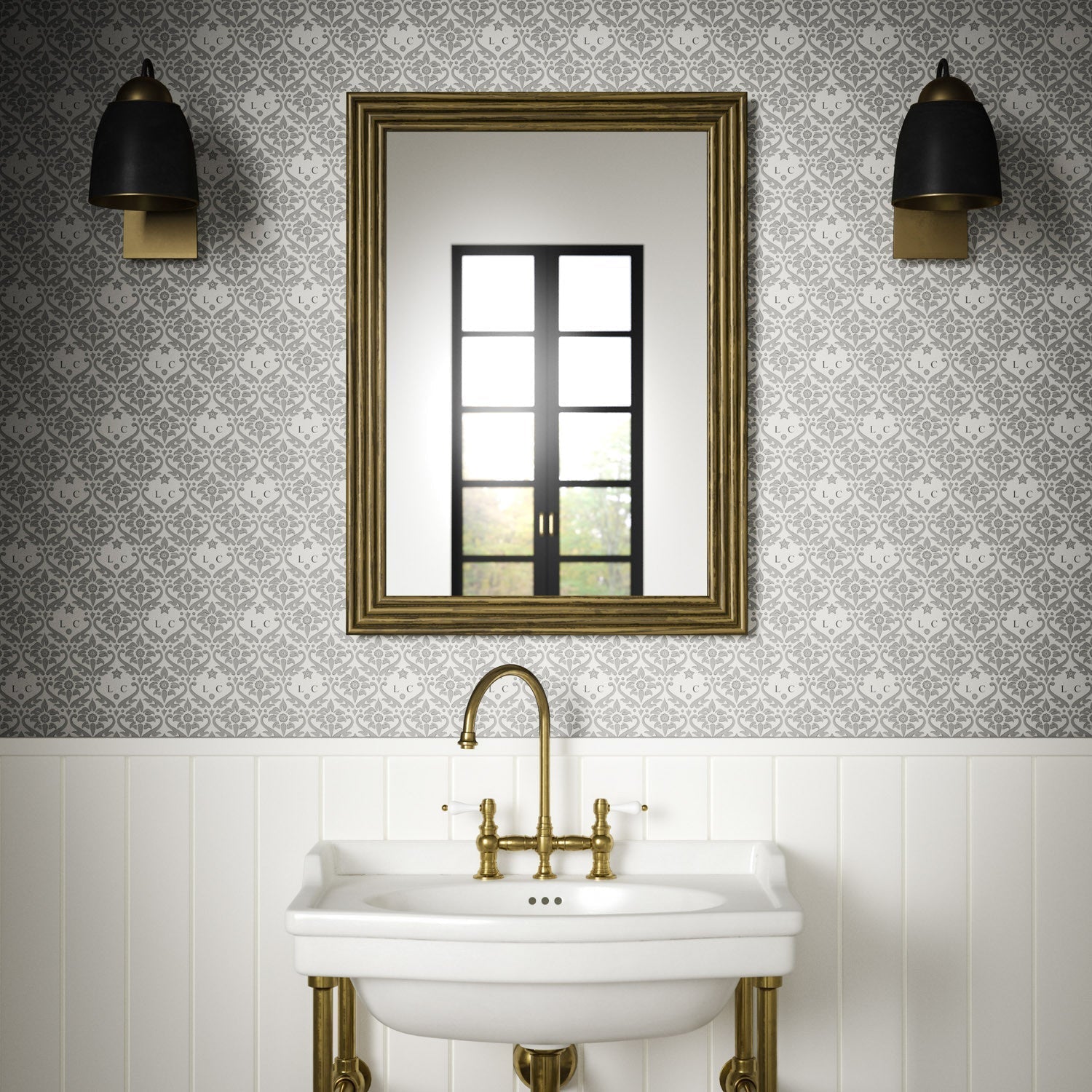 Monogram Damask Wallpaper - Charcoal - Warner House - Premier Wallcovering