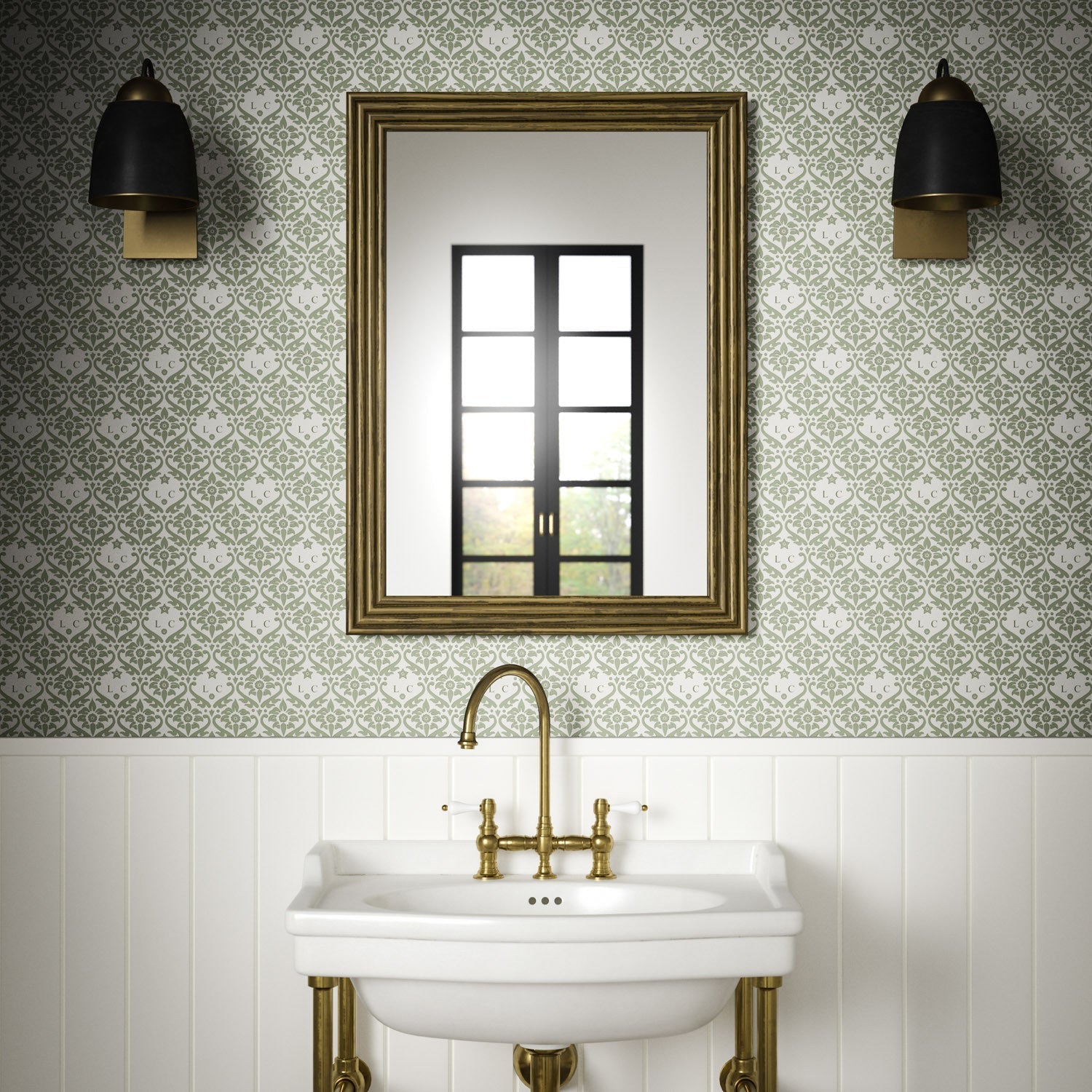 Monogram Damask Wallpaper - Fern - Warner House - Premier Wallcovering