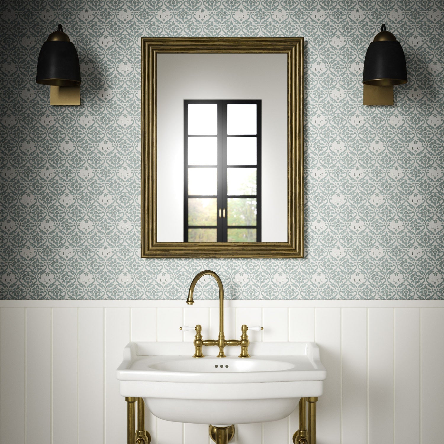 Monogram Damask Wallpaper - French Grey - Warner House - Premier Wallcovering