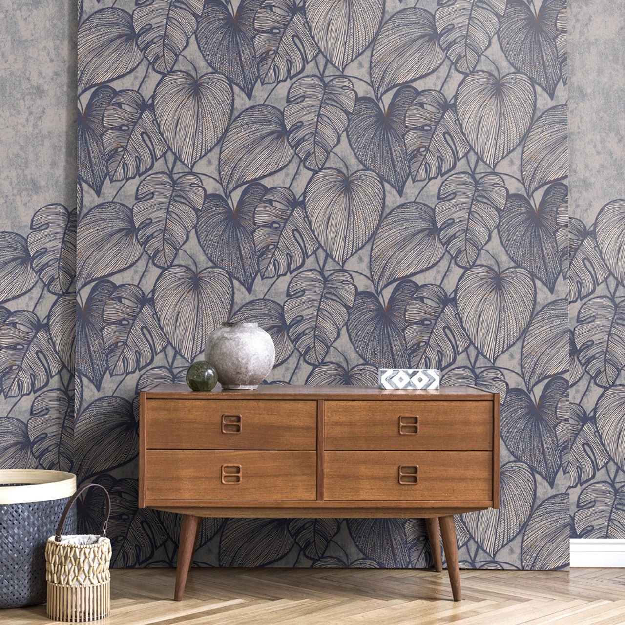 Monstera Lead Julie Feels Home Wallpaper - Navy Ash - Hohenberger - 26942 - Premier Wallcovering