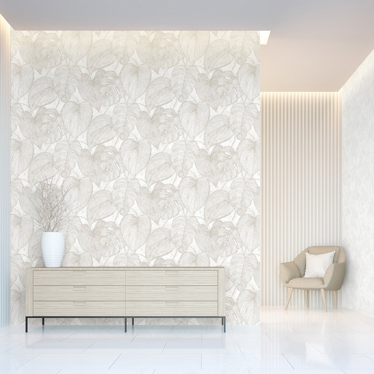 Monstera Lead Julie Feels Home Wallpaper - Mirror White - Hohenberger - 26941 - Premier Wallcovering